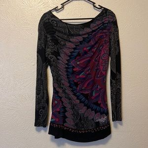 Desigual Draped Neck Knit Viscose Blend Long Sleeve Top Size L